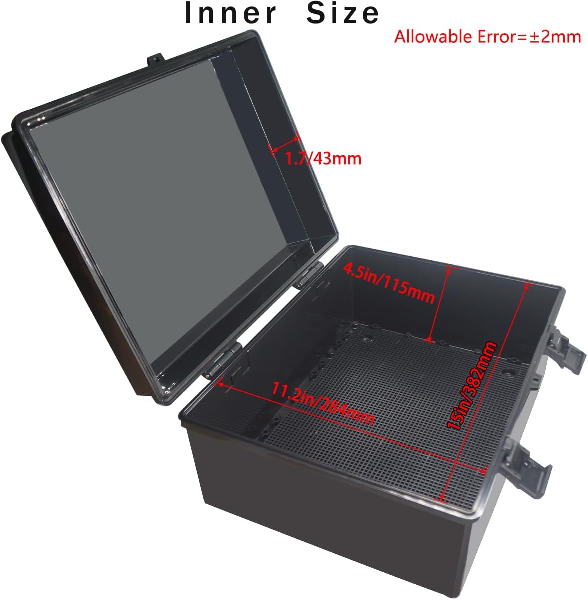 Junction Box, Hinged Black Cover IP67 Waterproof ABS Project Box with Mounting Plate Electrical Box Enclosure with Wall Bracket 15.7 x 11.8 x 6.7inch(400x300x170mm)