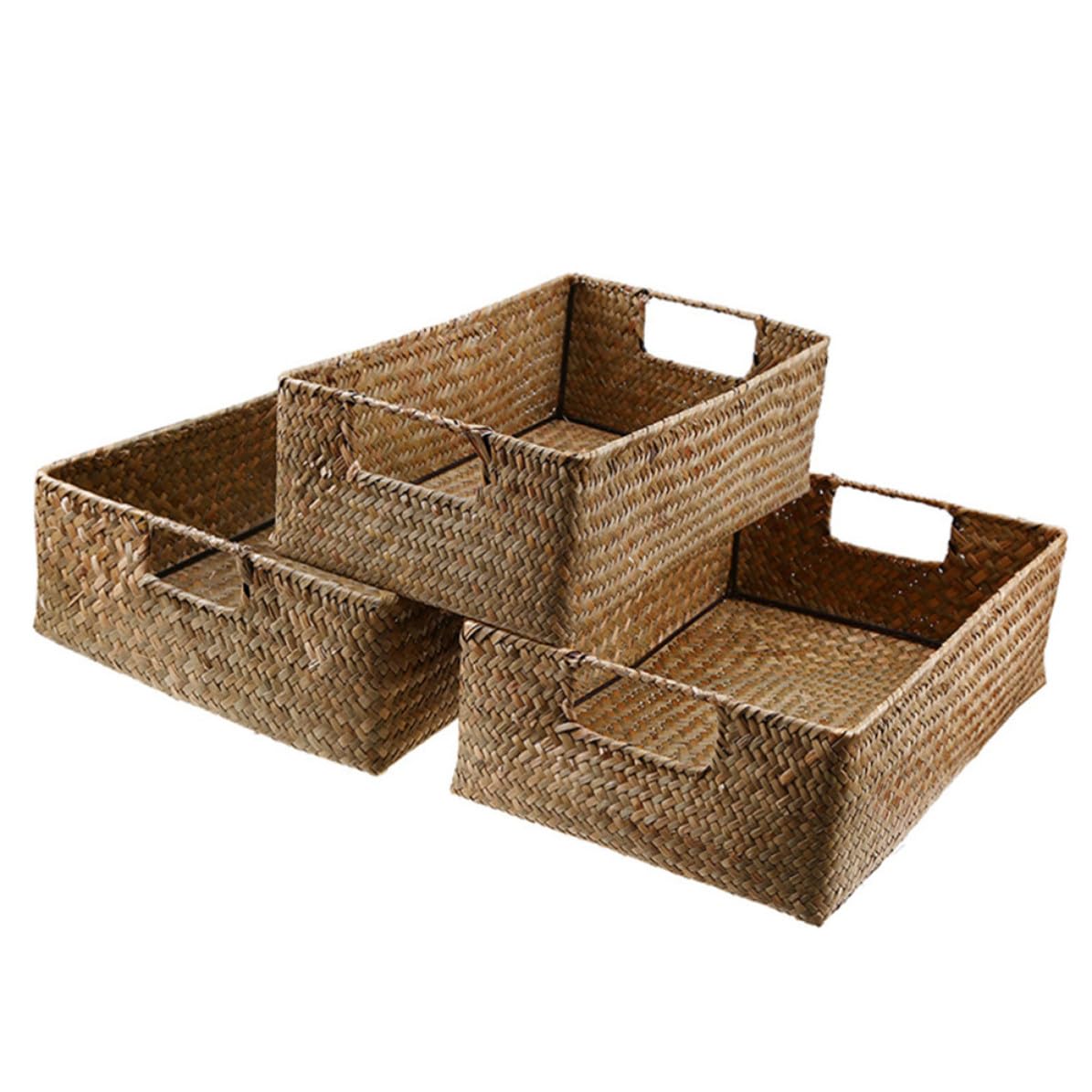 Cesta de Almacenamiento Rectangular 4 Piezas de Algas Marinas Tejida a Mano Color Amarillo , Estilo Retro , Asa para Organizar Ropa y Objetos Hogar