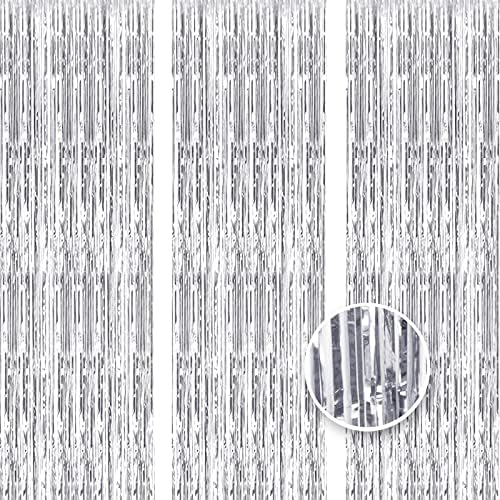 2Pcs 3.3ft x 8.2ft Tinsel Curtains Sliver Glitter Foil Fringe Curtain
