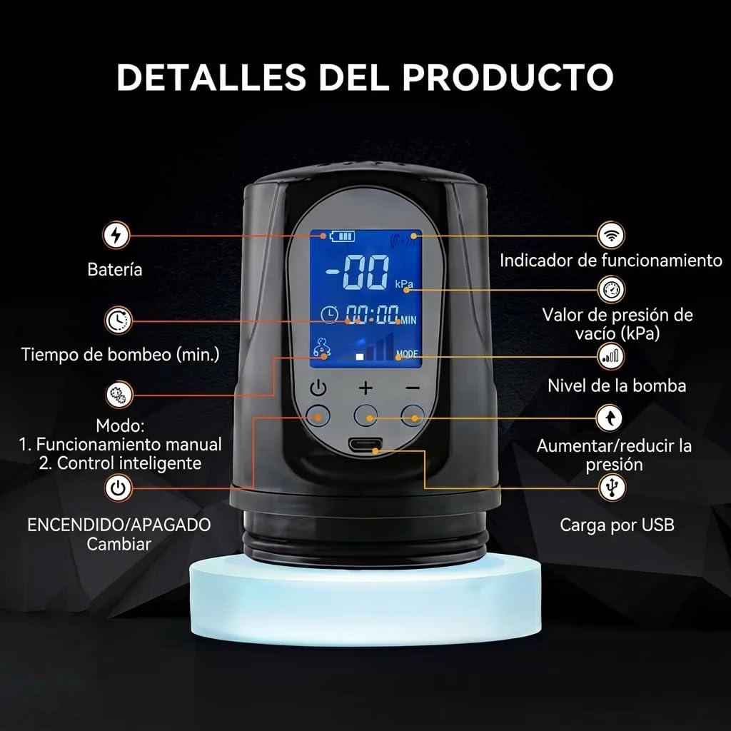 Bomba de Pene Eléctrica Automática con Pantalla LED | 2 Anillos de Silicona | Carga USB | Impermeable | Estimulador y Amplificador Masculino