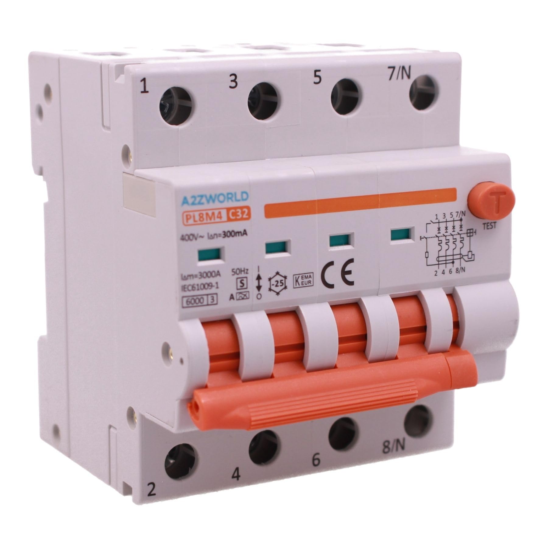 RCBO Selettivo Trifase 4P Veri, Tipo A(S) 300mA 32A C32, Interruttore Magnetotermico Differenziale Tipo S Classe A Curva C 6kA, Ritardo 500ms, 4 Moduli DIN 380V AC,Doppia Leva e Diagnostica Visiva