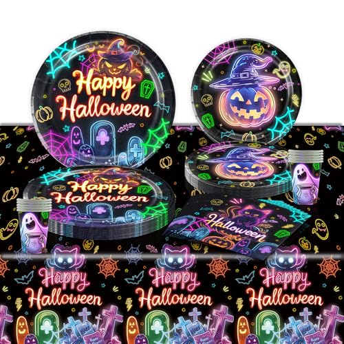 POPOYU Halloween Neon Papier Partygeschirr Set,69-teilig Halloween...