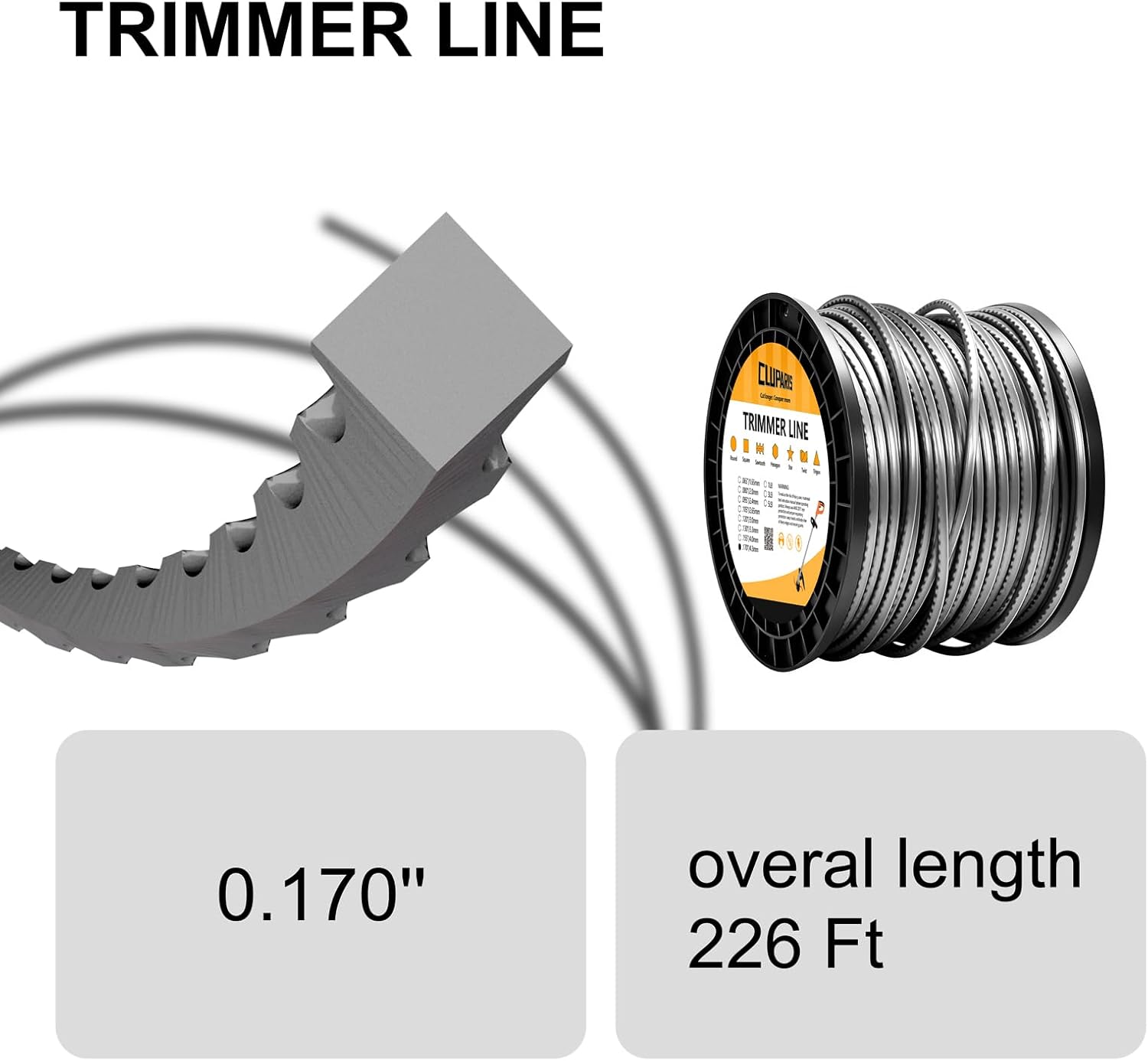 Cluparis .170" Sawtooth Trimmer Line (3 lb, 226 ft) – Commercial Heavy Duty Nylon Weed Eater String for Brush Cutters – Universal Fit with Included Line Cutter, Grey