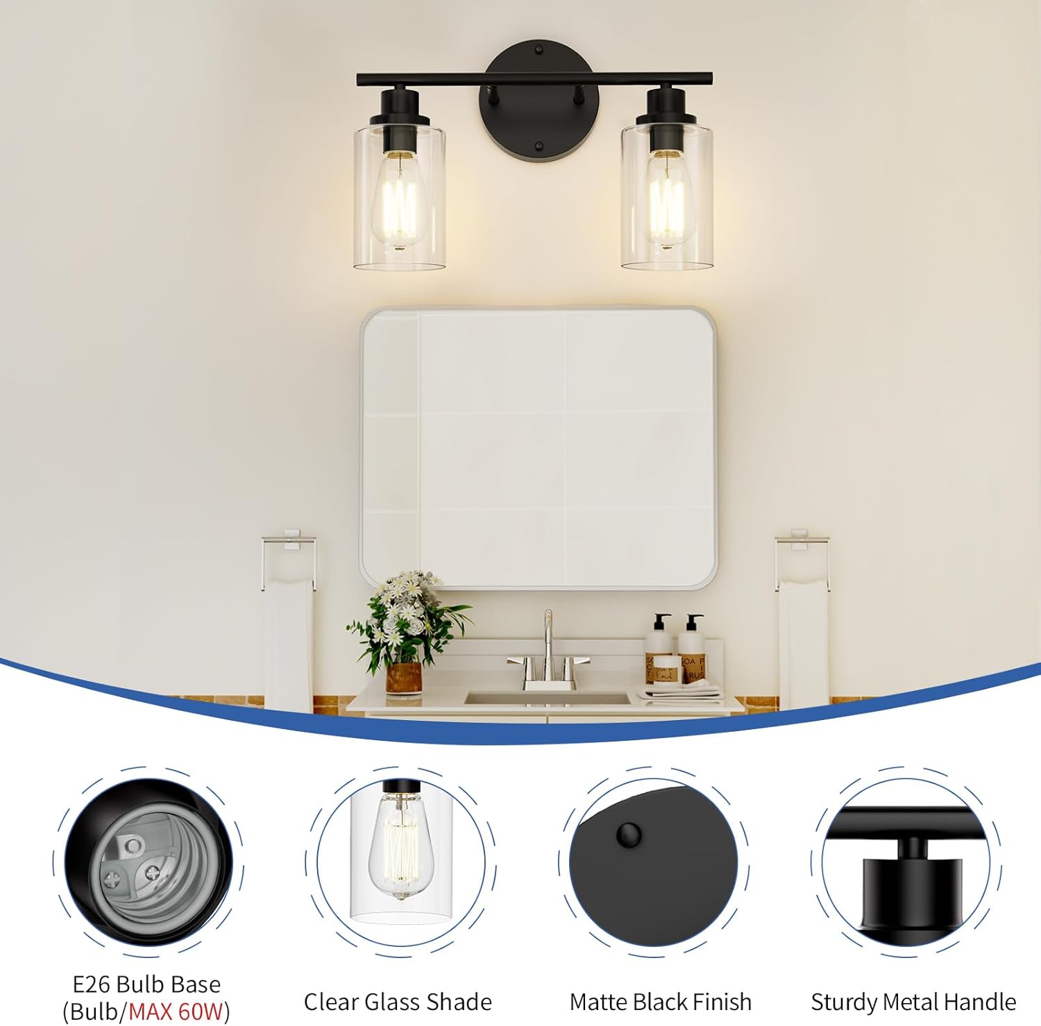 GORDNWE Modern Vanity Light - 2 Lights, Matte Black, E26 Bulb Base, Over Mirror, Farmhouse Style