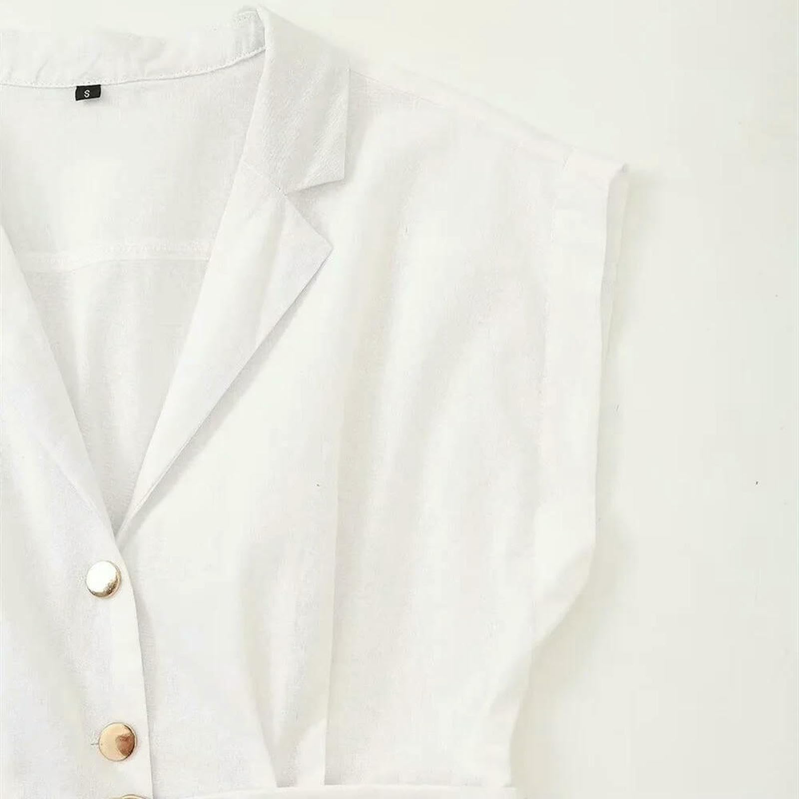 Vestito Donna Abiti da Donna con Abbottini Midi A Maniche Corte da Donna A Manichette con Cintura di Cotone con Cintura-Bianco-XS