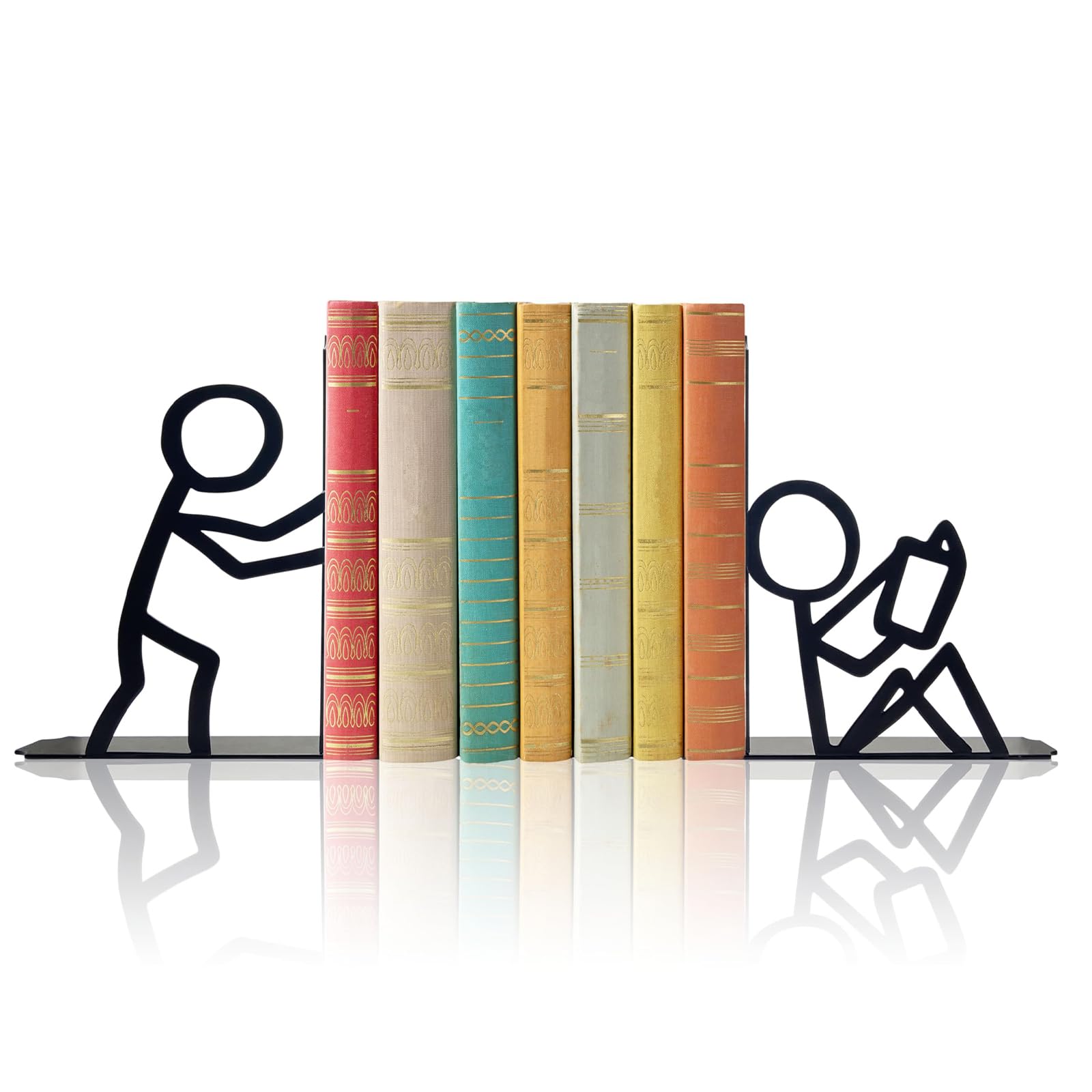 Nymora Bookends with Stickman Design, 1 Pair Heavy Duty Decorative Metal Book Ends for Home Office Shelves