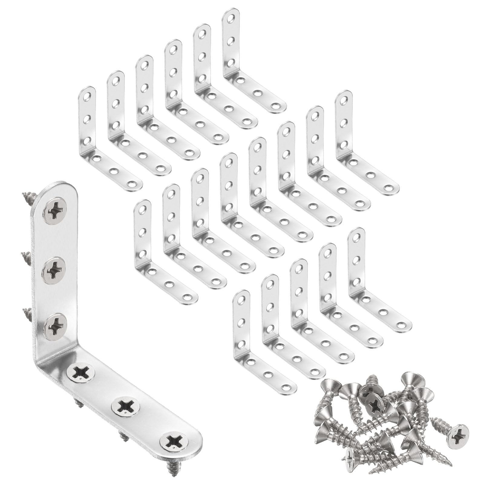 sourcing map 20pcs L-Shaped Corner Bracket 2.4" x 2.4" x 0.6" Stainless Steel 90 Degree Angle Brace Joint Right Corner Fastener with 120 Screws for Shelves Cabinet Chair Drawer, Silver