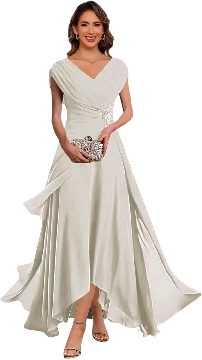Tea Length Mother of The Bride Dress for Women Cap Sleeves Chiffon V-Neck Pleated Wedding Guest Dresses