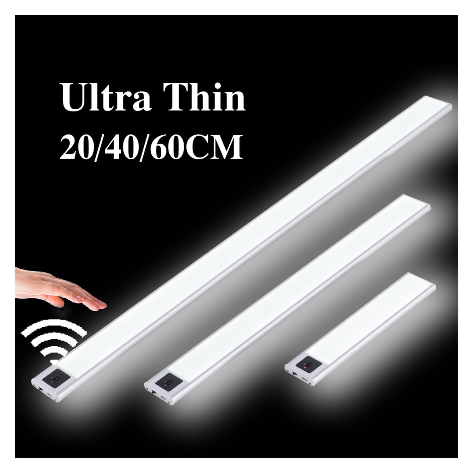 Luz LED For Armario De Cocina, Led Barrido Manual, Recargable Por USB, Iluminación Aluminio Negro, Debajo Armarios, 20/40/60CM Detector De Movimiento(Cold White Light,60CM_SILVER1)