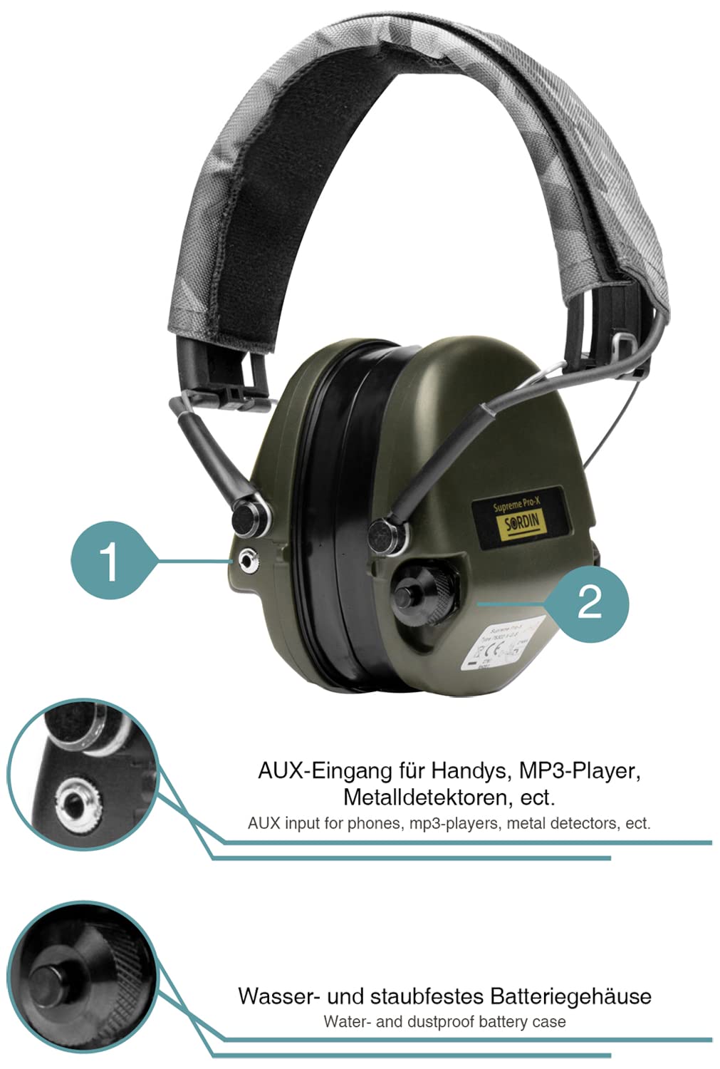 ACE Sordin Pro-X Aktiver Kapsel-Gehörschutz - EN 352 - mit Night-Camo-Stoffband, Gelkissen & grünen Kapseln