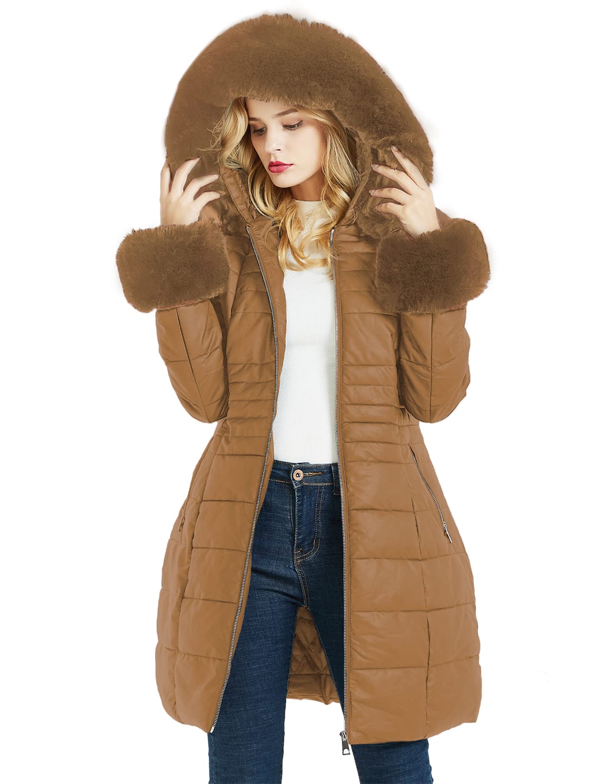Geschallino Piumino Lungo da Donna Cappotto Parka con Inverno Imbottitura Bolle con Collo in Pelliccia Sintetica Rimovibile
