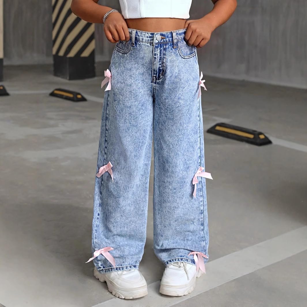 Cute Bow Jeans for Girls Baggy Kids Wide Leg Denim Pants High Elastic Waisted Y2K Boyfriend Skater Streetwear 6-14Y