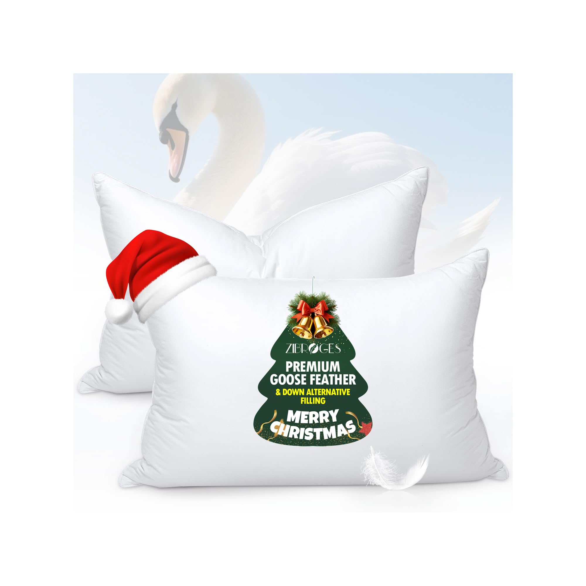 Goose Feather Pillows Queen Size Pack of 2 - Hotel Down Bed Pillow for Sleeping, Soft 600 Thread Count Cotton Cover, Fluffy Support Surround Fill Polyester for Side, Stomach, Back Sleepers