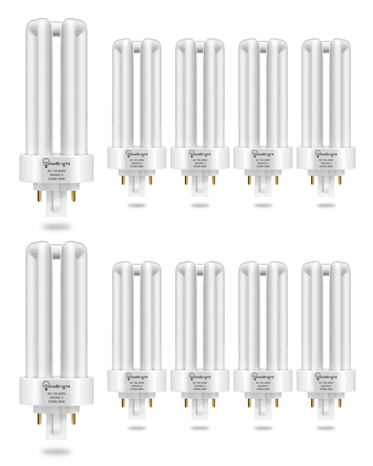 TobeBright 26W 4 Pin Compact Fluorescent Lamp Gx24Q-3 Base, Soft Warm White 2700K 4 Pin Energy Saving CFL Light Bulbs, 3U Shape, AC 220-240V for Office Living Room Kitchen Hallway, 10-Pack