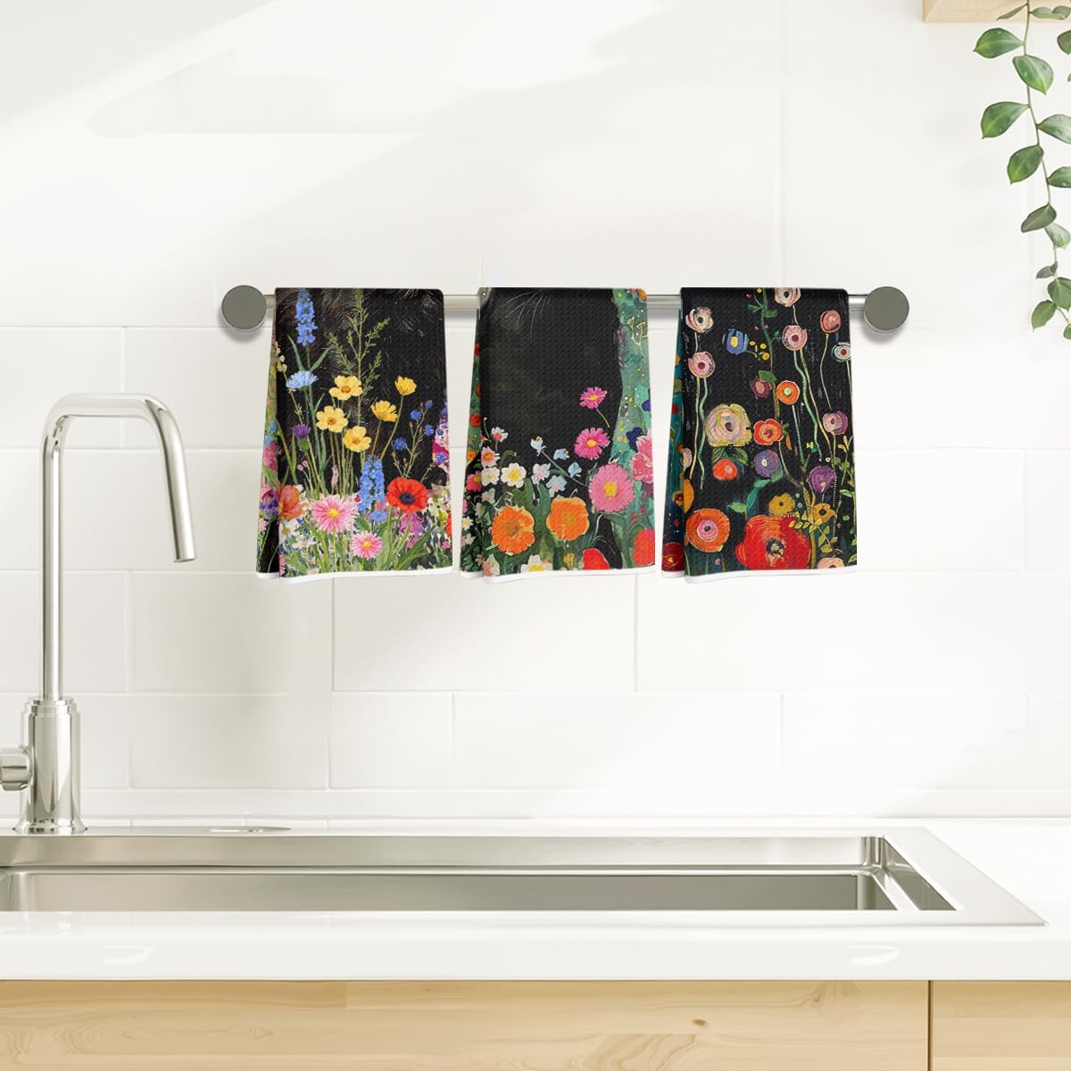 3Pcs Cute Cat Kitchen Towels 24x14 Inch, Floral Microfiber Dish Towels for Kitchen Bathroom Farmhouse Decor, Waffle Weave Absorbent Dish Cloth Tea Towel, Cat Lover Gifts for Women Mom Family Grandma - Image 4