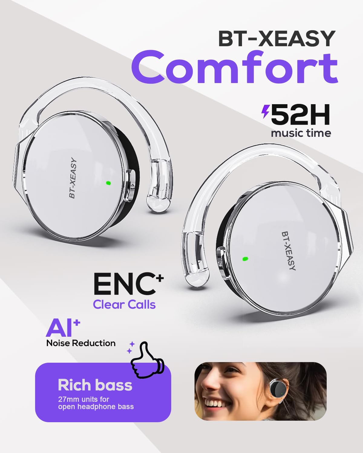 On Ear Cuffie Bluetooth 5.4, Open Ear, senza fili, Bluetooth, cancellazione del rumore, clip on sport a forma di goccia d'acqua, Bluetooth con 4 microfoni, comfort fit