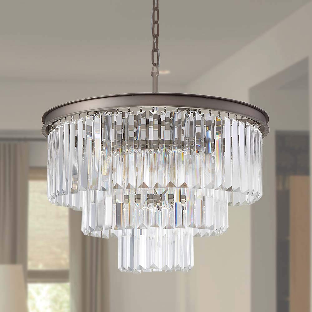 MEELIGHTING Crystal Nickel Modern Chandeliers Lights Vintage Pendant Ceiling Light Traditional Chandelier Lighting Fixture 3-Tier 8Lights for Dining Room Living Room Kitchen Island Bedroom W20"