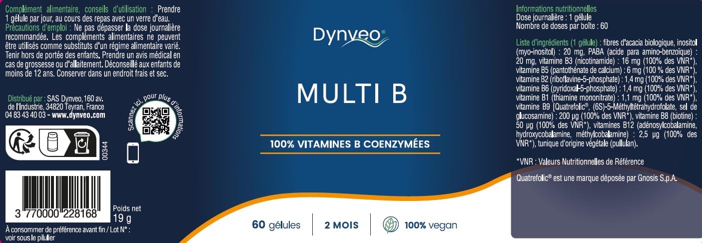Complexe Vitamines B - Vitalité, Immunité, Peau et Cerveau - 8 Vitamines B Essentielles & 2 Cofacteurs Bioactifs - Biodisponibilité Optimisée et Formulation Vegan - 60 Gélules (2 mois) - Dynveo