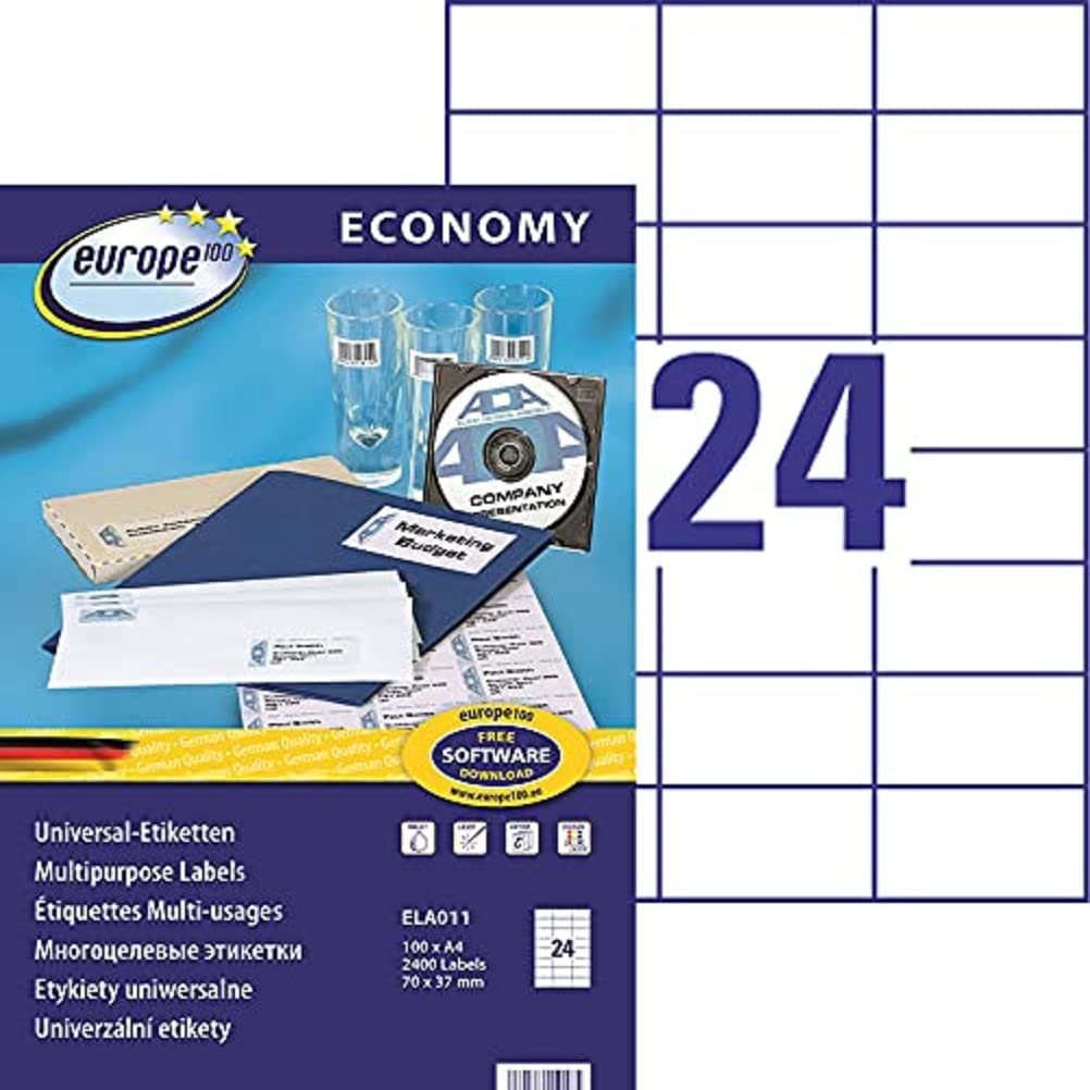 europe 100 - Box of 2400 Multi-Purpose self-Adhesive Labels 70 x 37 mm, White, Suitable for Laser, Inkjet and copiers
