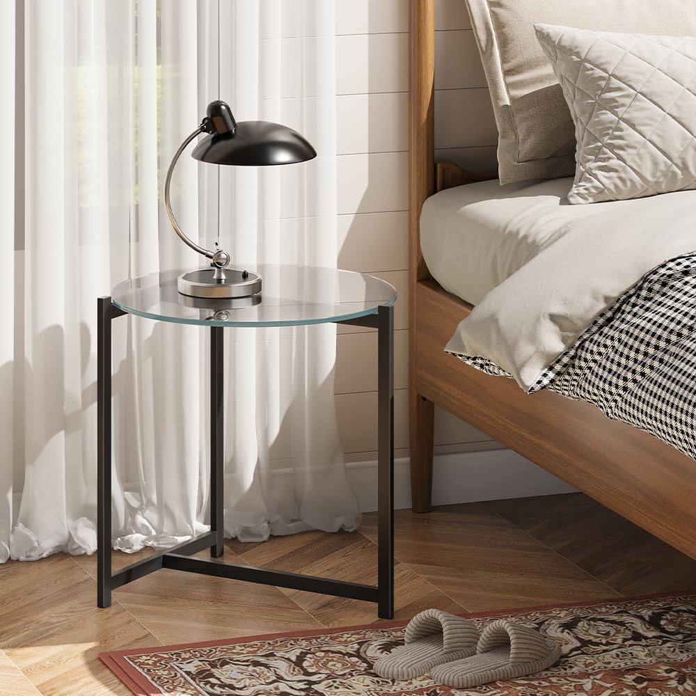 20 Inch Round Glass Coffee Table, Tempered Clear Glass Top with Sturdy Black Metal Frame, Easy Assembly Modern Side Table/End Table for Living Room, Bedroom, Office