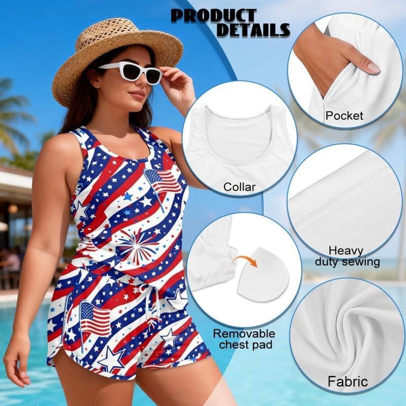 Irisjudy Tankini Swimsuits for Women Tummy Control, 250 Years American Bathing Suit 2 Piece Modest Swim Suits with Shorts