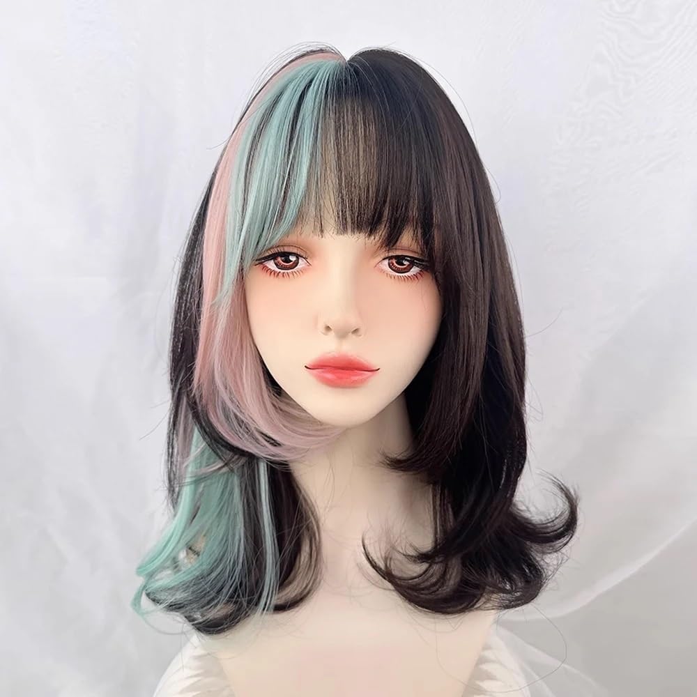 Parrucche realistiche Parrucca sintetica da donna, corta, ondulata, con meches nere, rosa e verdi, frangia, soffice parrucca cosplay Acconciatura femminile