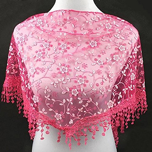 Gilroy Women Hollow Tassel Lace Floral Knit Triangle Mantilla Scarf Shawl - Rose-Red4