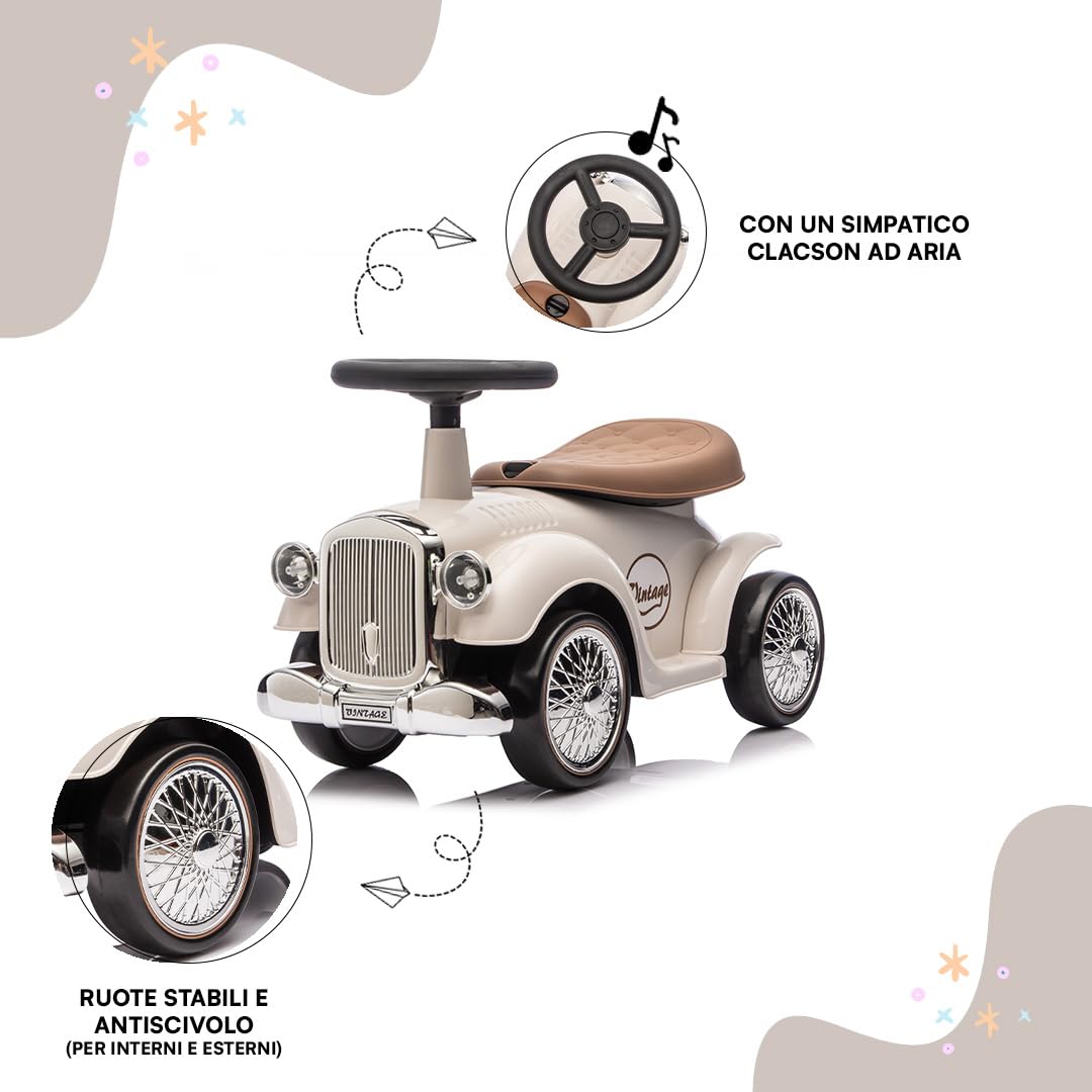 Baroni Toys Macchina Ride-On Vintage per Bambini dai 12 ai 36 Mesi, Baby Car con Clacson ad Aria, Vano Portaoggetti, Manubrio Sterzante e Ruote Stabili per Imparare a Camminare, 25x59x35 cm, Bianco