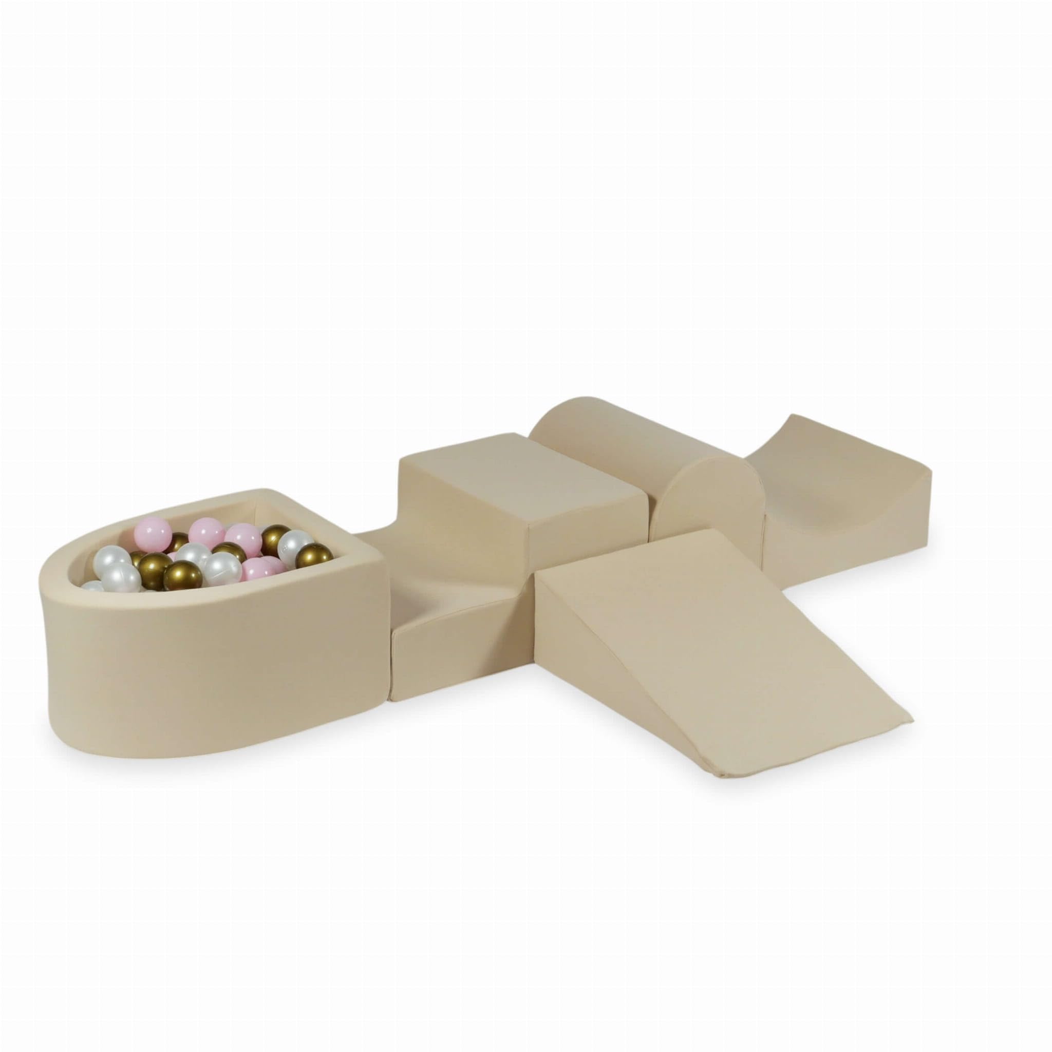Mimii Parco giochi in schiuma con piscina di palline e collina beige (100 palline: perla/rosa chiaro/oro antico), grandi mattoncini da costruzione per gattonare e arrampicare, morbidi mattoncini da