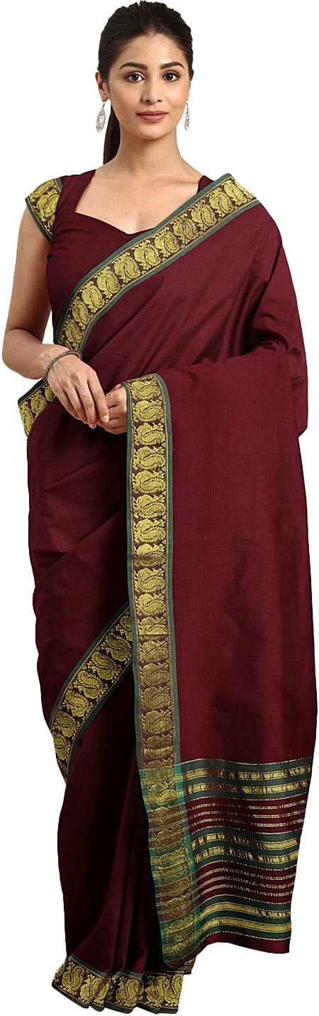Pavecha's Women's Venkatgiri Cotton Saree With Blouse Piece, Maroon, 5.5 meters