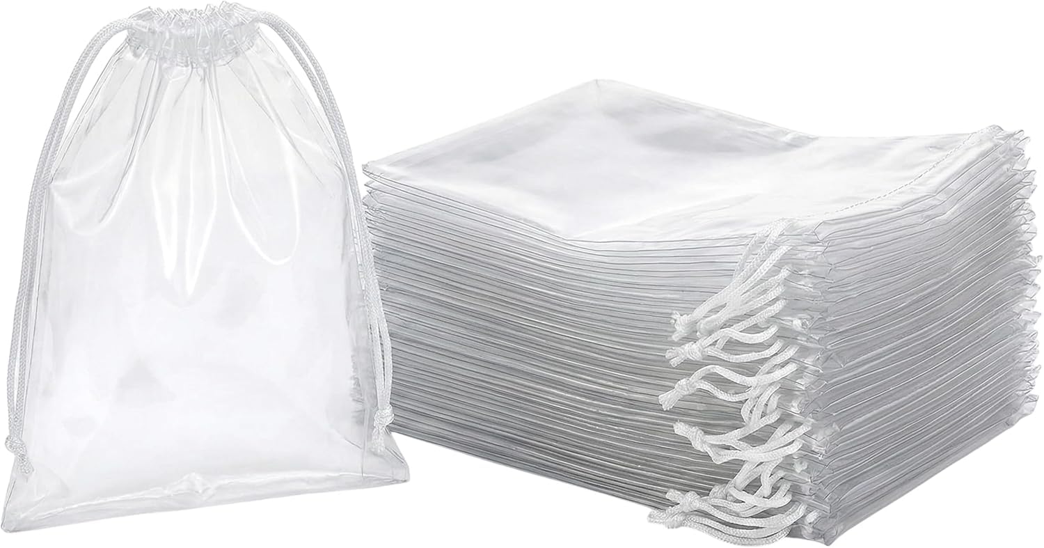 Clear LDPE Drawstring Bags (50 Pack) (13.75" x 17.5") 2 Mil Disposable Transparent Plastic with Double Cotton White Strings. Shoe Bags for Travel Large Storage Organizers Pouch, Clear, Drawstring