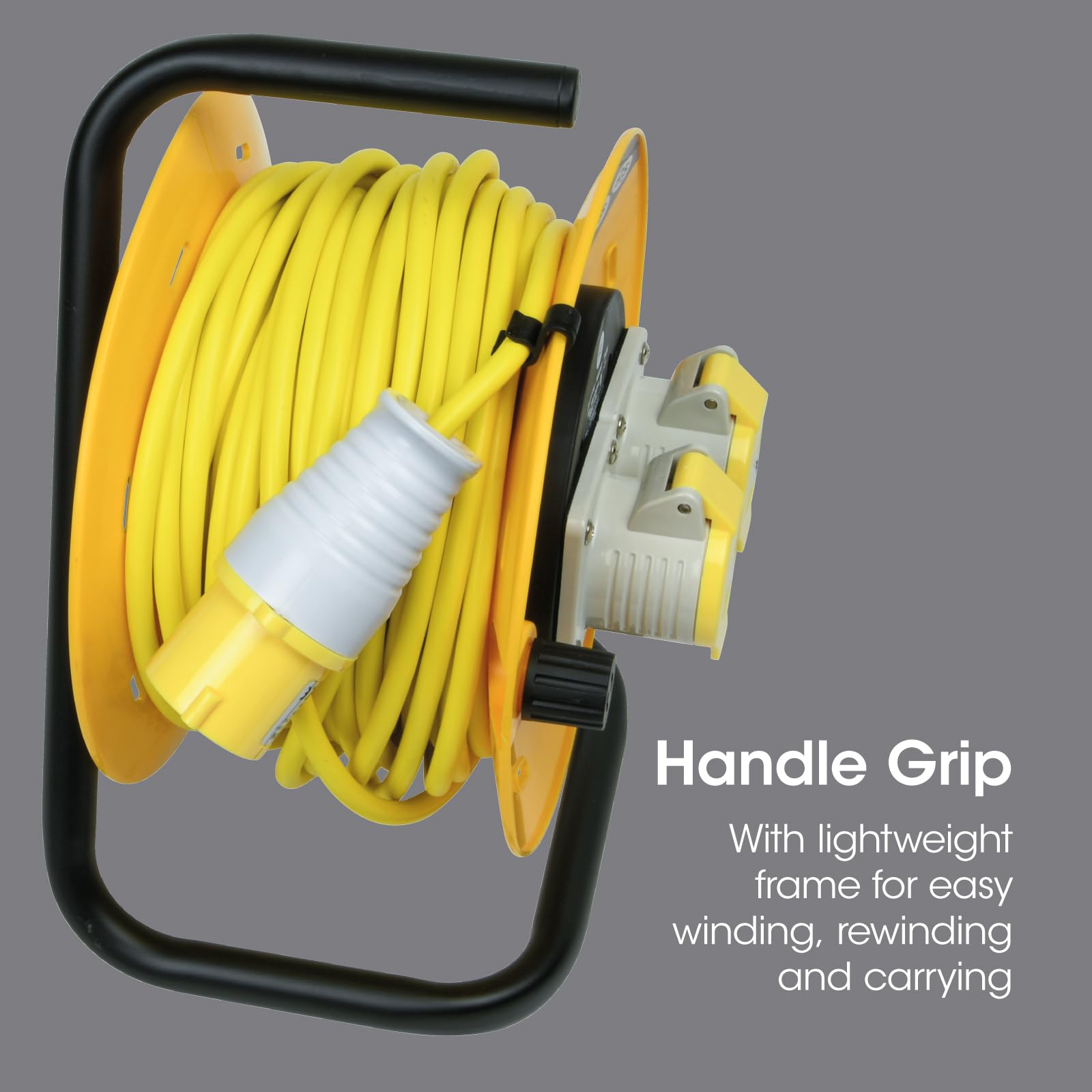 SLx Prolunga industriale da 110 V, 25 m, avvolgicavo a tamburo aperto, 2 prese con taglio termico, cavo di prolunga resistente, per interni ed esterni, spina britannica con fusibile da 16 A