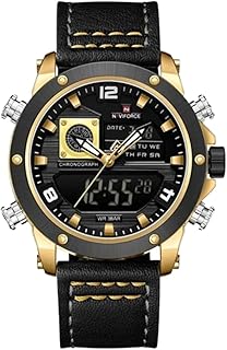 Naviforce Analog Quartz Watch For Mens- Black Case, Yellow Accents, Brown Steel Band, Date Display, Water Resistant 30M Gold-Black