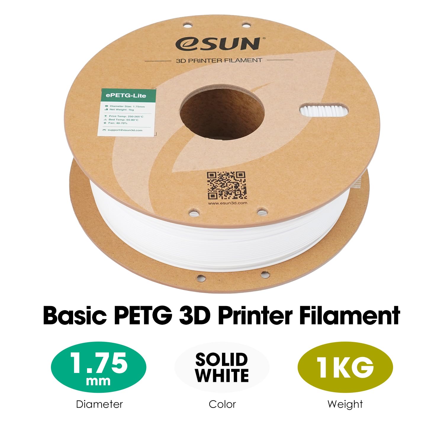 eSUN PETG filamento 1,75 mm, filamento PETG Basic ad alta tenacità, bobina da 1 kg (2,2 libbre) per stampanti 3D, Bianco unicolore