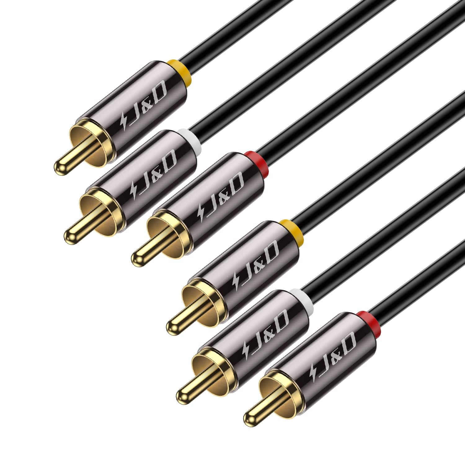 J&D Audio Video RCA Cable, Gold Plated 3 RCA Male to Male Stereo AV Cable, 4 Feet, Compatible with Set-Top Box, Speaker