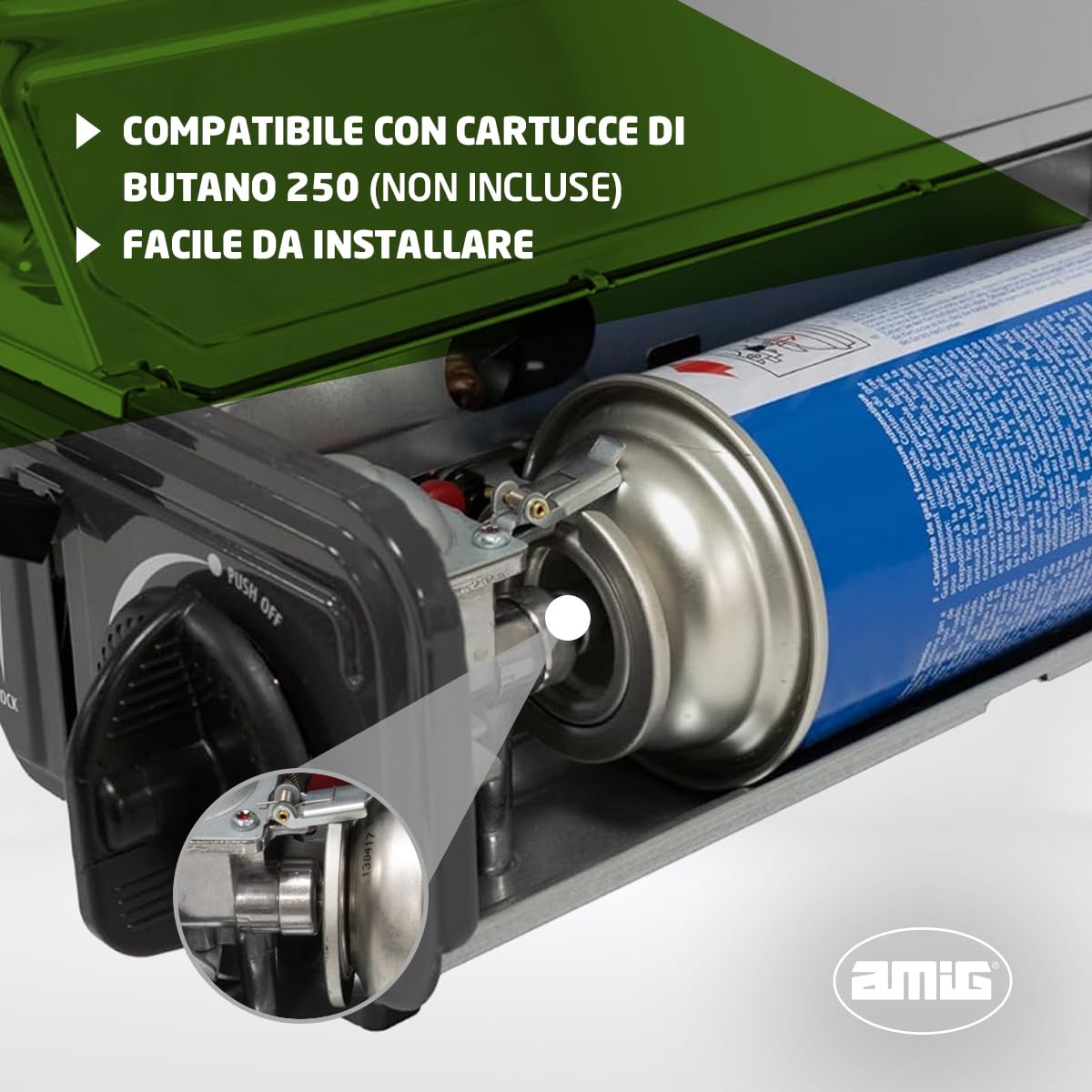 Amig - Fornello da campeggio a gas CAMP02 - Cucina portatile - 2 bruciatori - Include piastra - Griglia in ghisa - Acciaio inox - 2 x 2,2 kW di potenza