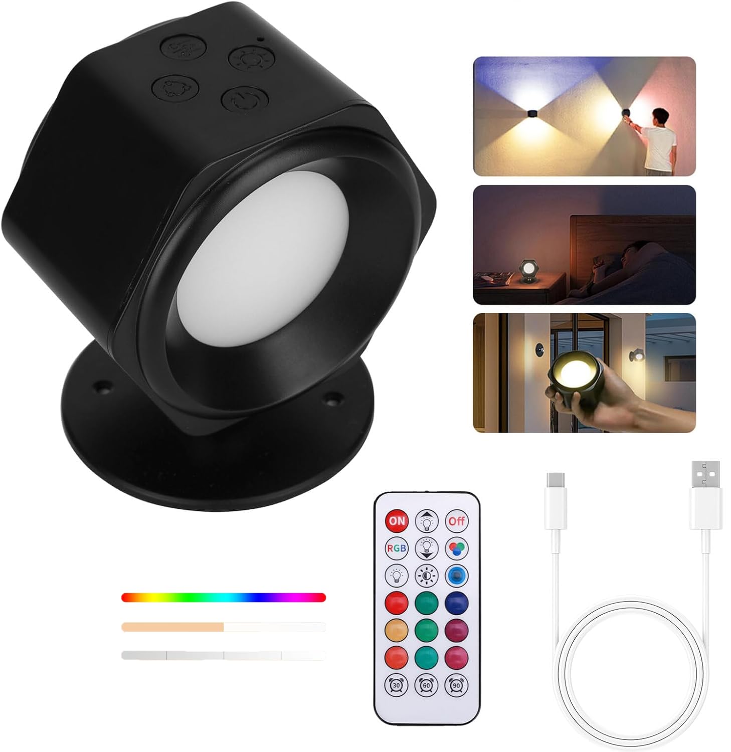 UP&Down LED Wall Sconces, FUOBECIE Wall Light Indoor with Battery Operated, 3 Color Temp, Dimming, RGB Ambience Lights Remote &Touch Control Wall Mounted Lamp, 360° Rotation Reading Lights for Bedroom