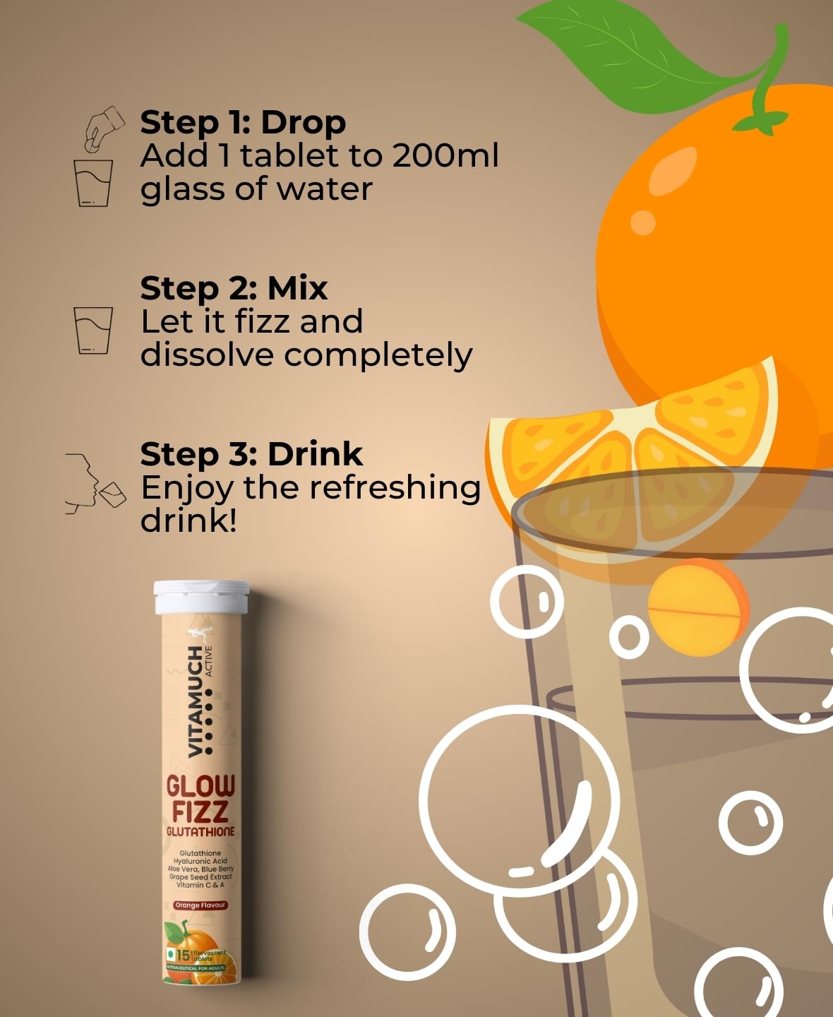 Vitamuch Glow Fizz | Glutthione Ephlactsant Tablets and Anti-Eging for glutathione's skin. With hyaluronic acid and vitamin C | Drop, Fiz and Drink Formula | (15 days (1 pack), orange) Vitamuch Glow Fizz | Glutthione Ephlactsant Tablets and Anti-Eging for glutathione's skin. With hyaluronic acid and vitamin C | Drop, Fiz and Drink Formula | (15 days (1 pack), orange)