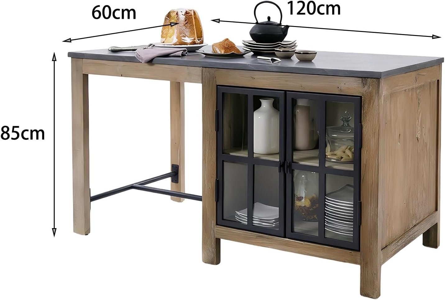 Storage Trolley Farmhouse Kitchen Island with Cabinet Stone Top Wood Frame Freestanding Prep Table Shelving Organizer(Large)