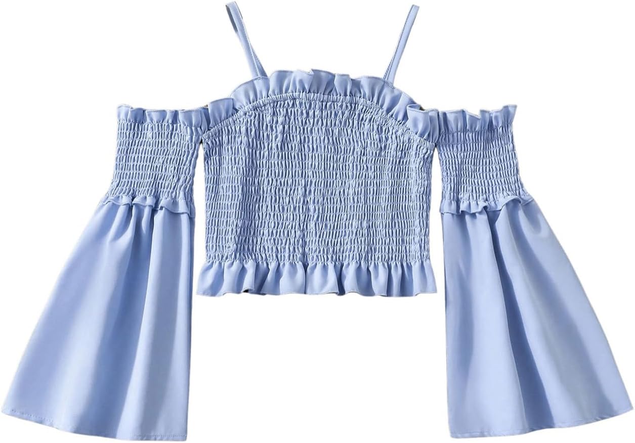 SHENHE Girl's Cold Shoulder Shirred Crop Tops Flounce Long Sleeve Frill Trim Blouses