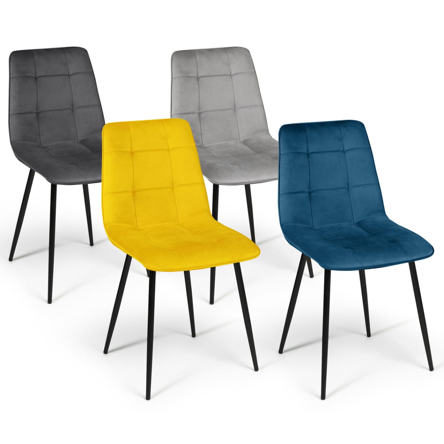 IDMarket - Juego de 4 sillas Mila de terciopelo Mix Color Azul, Gris Claro, Gris Oscuro, Amarillo