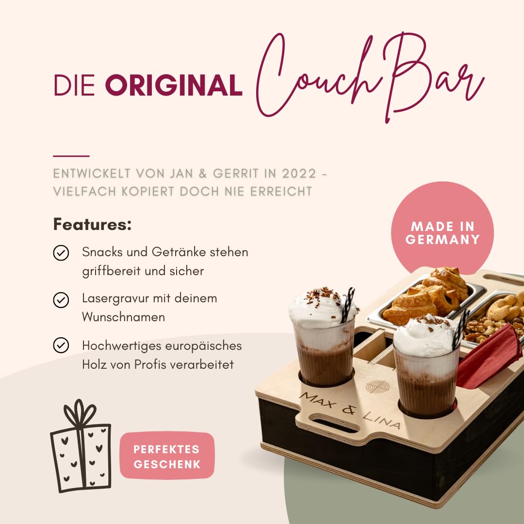 INEXTERIOR CouchBar - PERSONALISIERBAR - handgefertigt in Deutschland - Zwei Snackschalen, Organizer und Flaschenhalter - Couchbutler couchorganizer Sofaorganizer Sofaablage Tablett Couchbutler