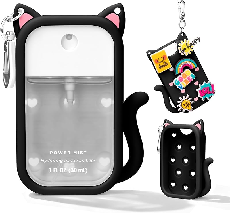 Capa de silicone Kivzex para frasco Touchland Power Mist e Glow Mist, modelo CASE-Cat-Black, preta, com chaveiro e 6 pingentes