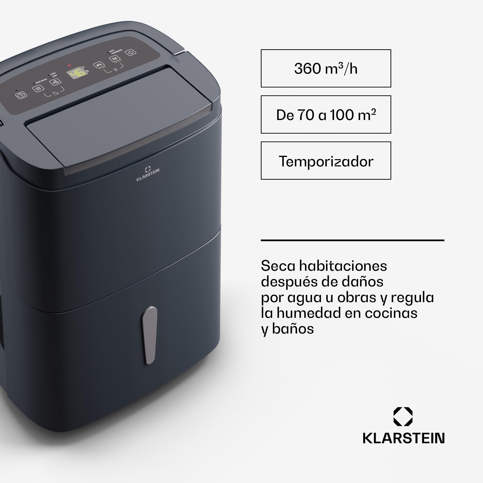 Klarstein DryFy Connect 50L Deshumidificador Inteligente, 50L/24h, WiFi App, Depósito 7L, Temporizador 24h, Desagüe Continuo, Portátil para Hogar, Habitaciones 45-55m², Antracita