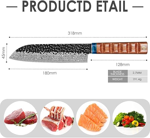 Miniatura 5 de Cuchillo Santoku de Damasco de 7 pulgadas, juego de cuchillos de cocina profesionales, cuchillo de chef de Damasco afilado. Cuchillo de acero