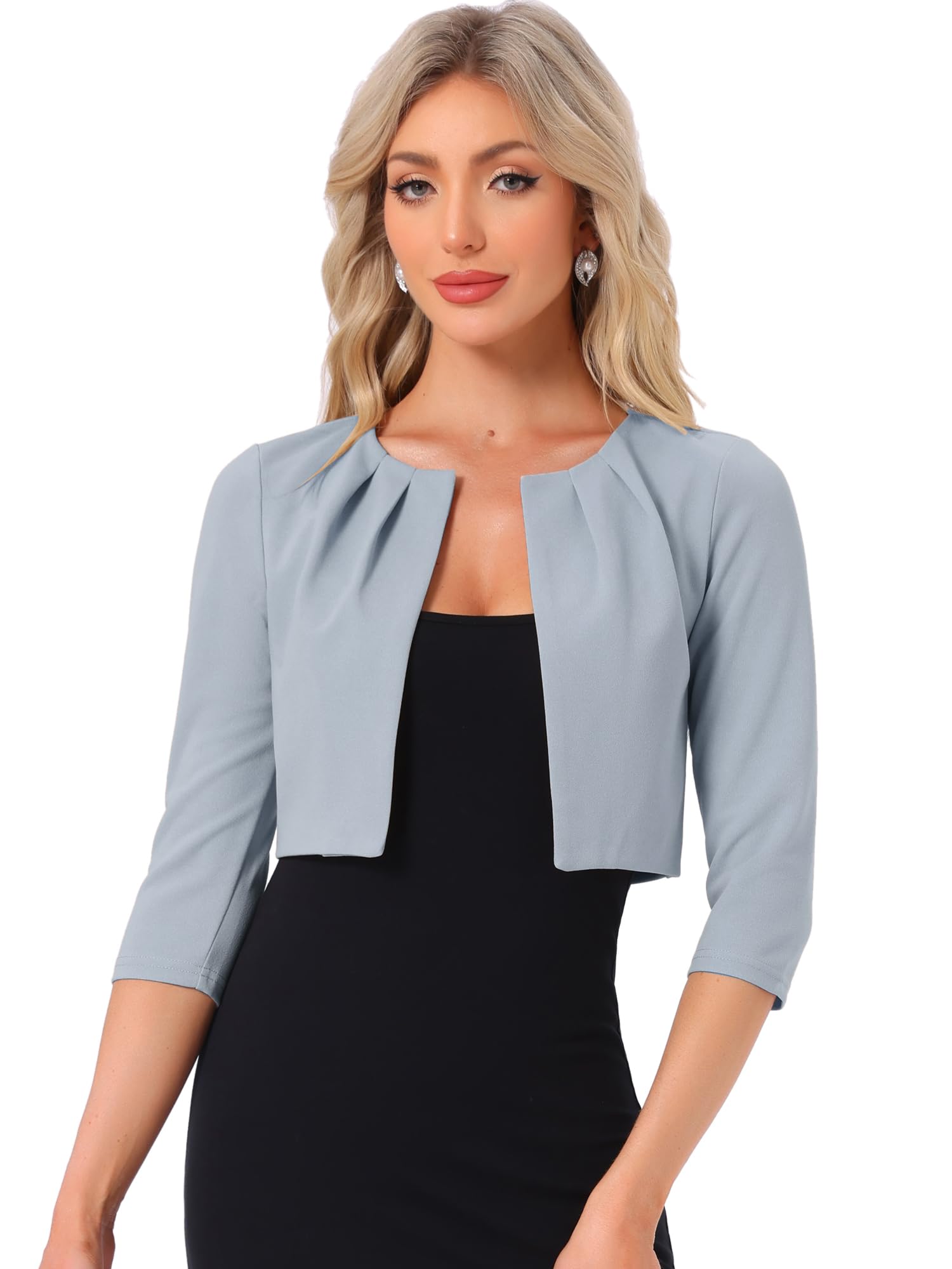 Allegra K Boléro plissé sans col pour femme à manches 3/4 ouvert sur le devant, gris, S