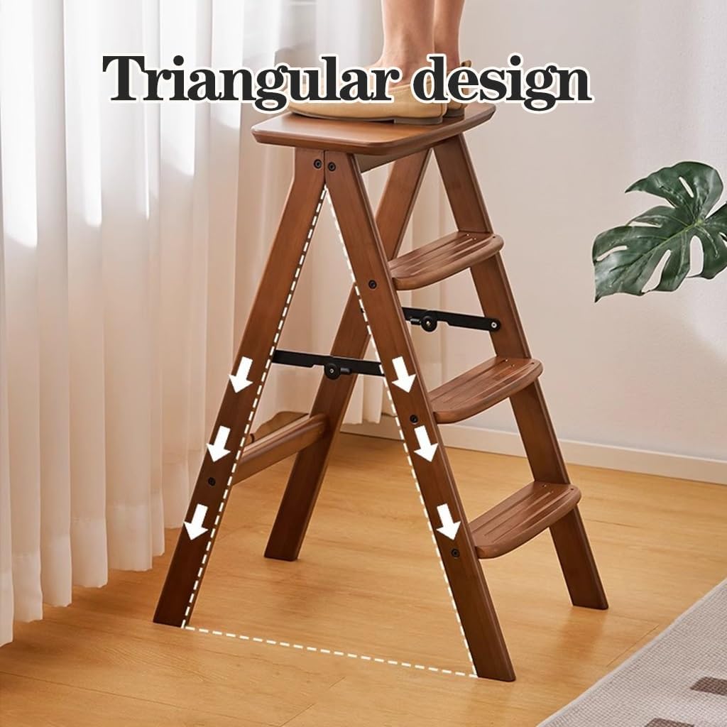 3 Step Ladder Folding Wooden Step Stool,2-in-1 Wood Foot Stool Display Storage Shelf Flower Rack for Home Ktichen,Portable Anti