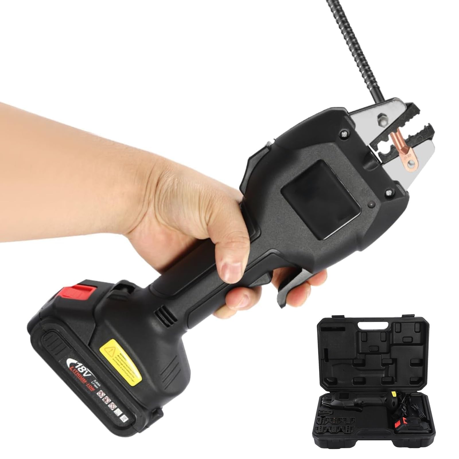 Pinza crimpatrice per cavi elettrici a batteria, crimpatrice terminale da 16 KN con 6 matrici, protezione da sovraccarico, scatola di immagazzinaggio per uso professionale