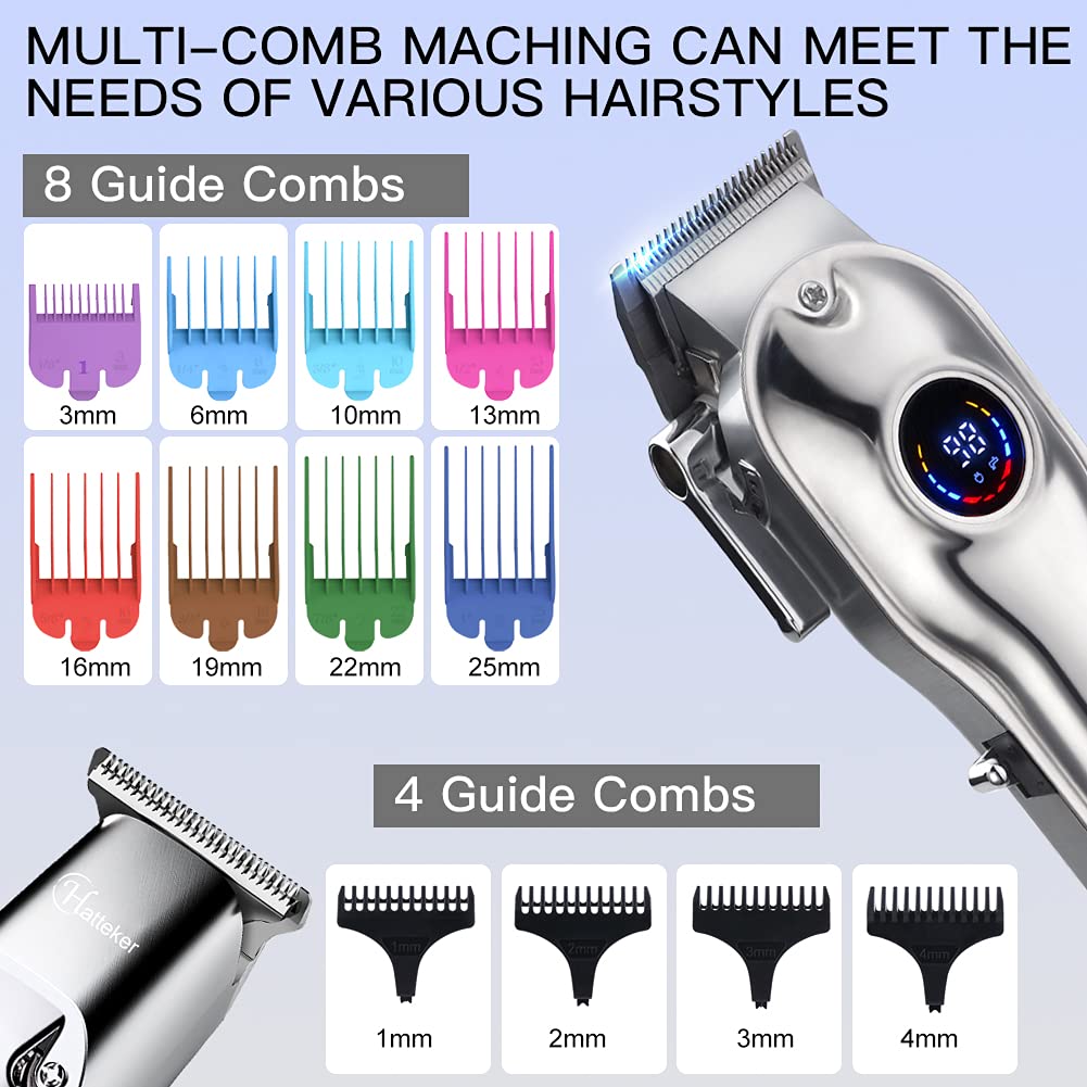 Hatteker Tondeuse à cheveux pour homme IPX7 - Étanche - Kit de coupe de cheveux professionnel - Sans fil - Rechargeable - Lame en T - Avec écran LED