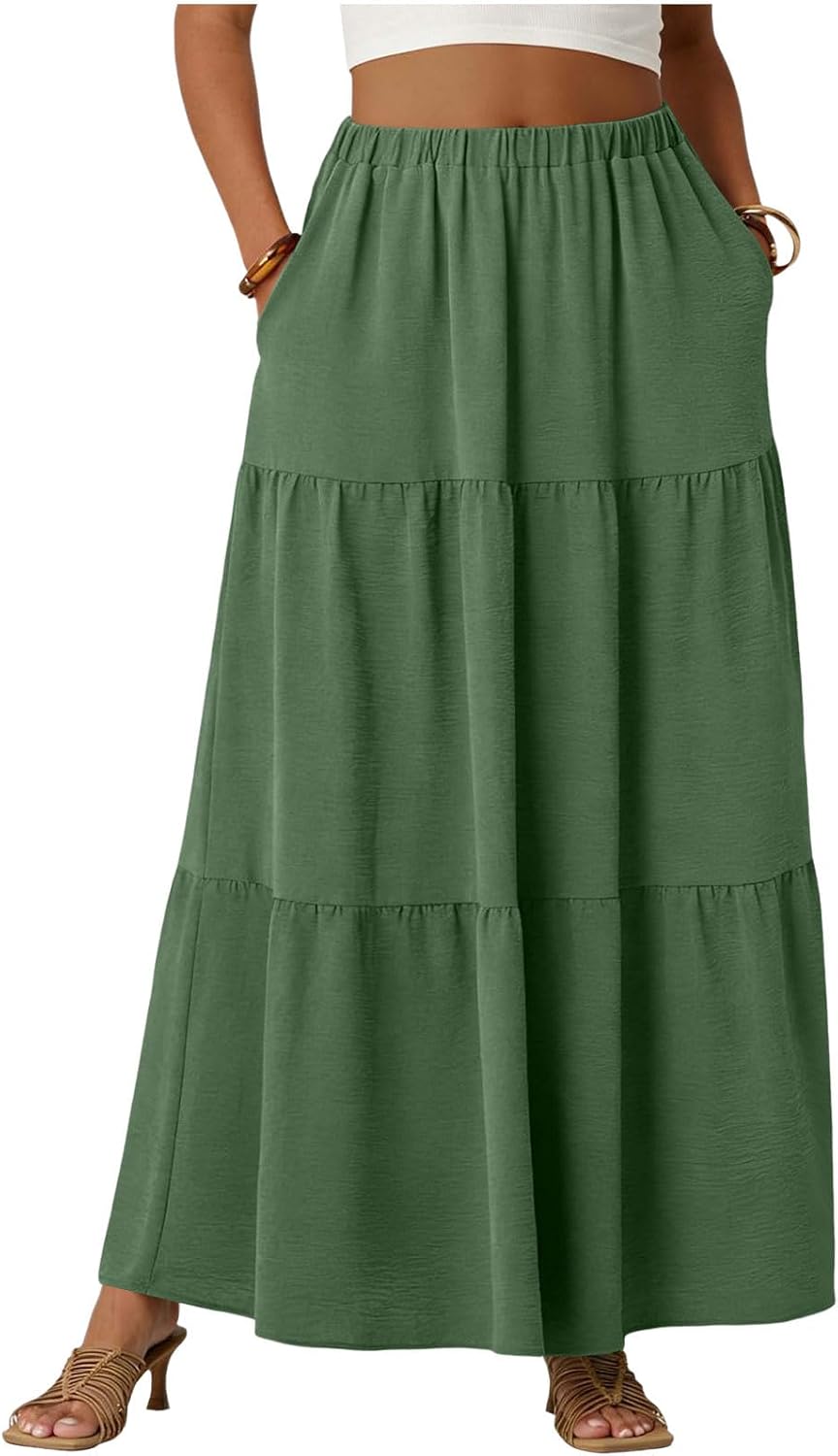 Skirts for Women Boho Tiered Flared Maxi Skirts Vacation Long High Waisted Skirt Casual Summer Beach Party Skirt